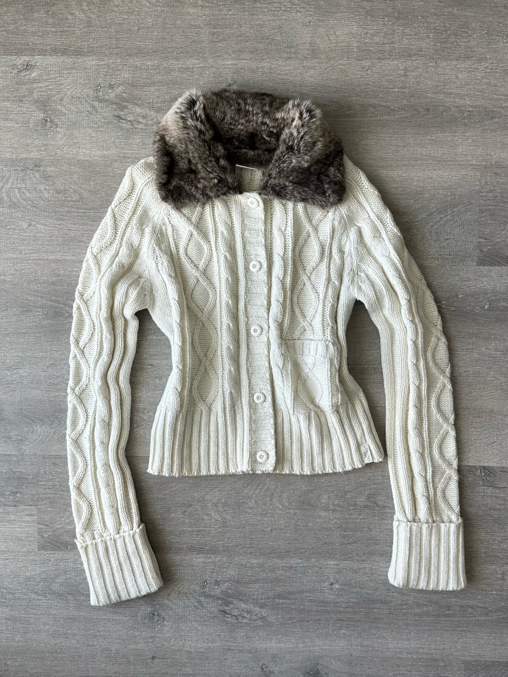 La Senza White Cream with Sliver line Cable-Knit Sweater with Faux Fur Collar